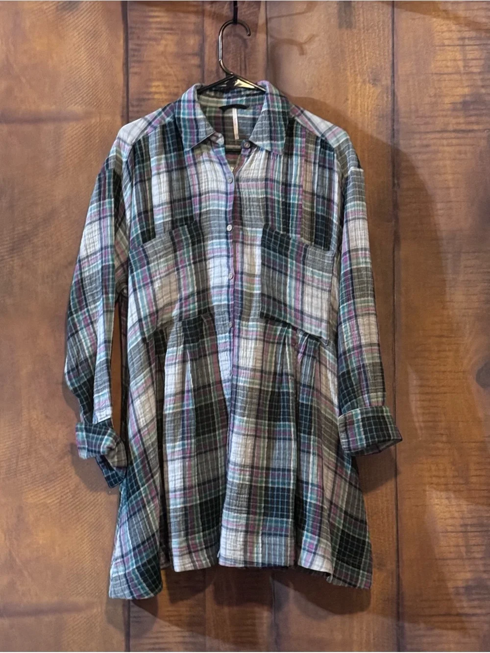 Free People Plaid Crinkle Gauze Babydoll Tunic Shirt XS NWT MSRP $108